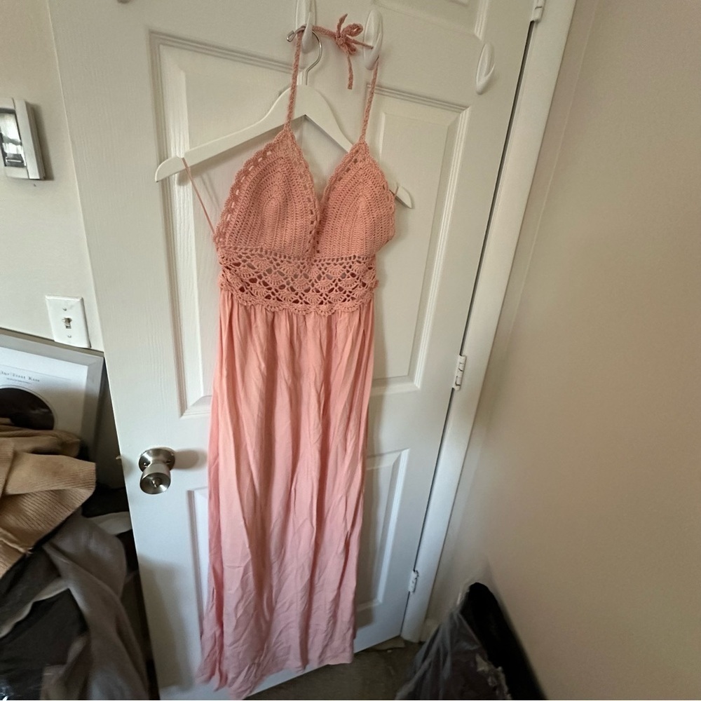 Pink Crochet Halter Maxi Dress